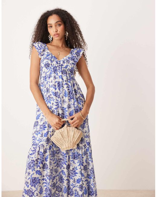 Mango Blue Ruffle Sleeve Midi Dress
