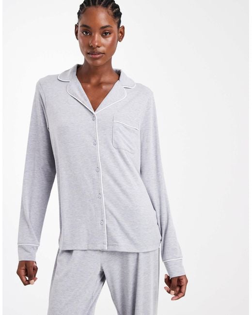 ASOS White Asos Design Tall Super Soft Long Sleeve Shirt & Pants Pajama Set With Contrast Piping