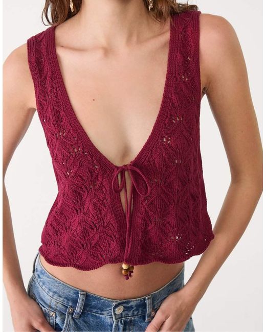 Stradivarius Red Crochet Vest With Drawstrings