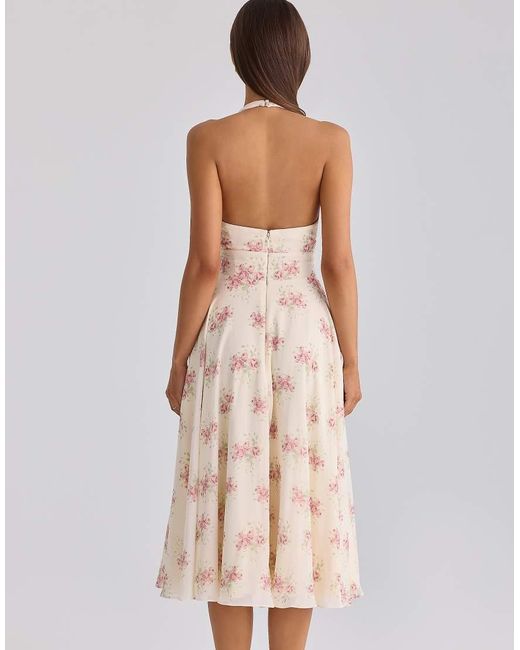 House Of Cb Natural Solada Ivory Vintage Rose Print Georgette Midi Halter Dress