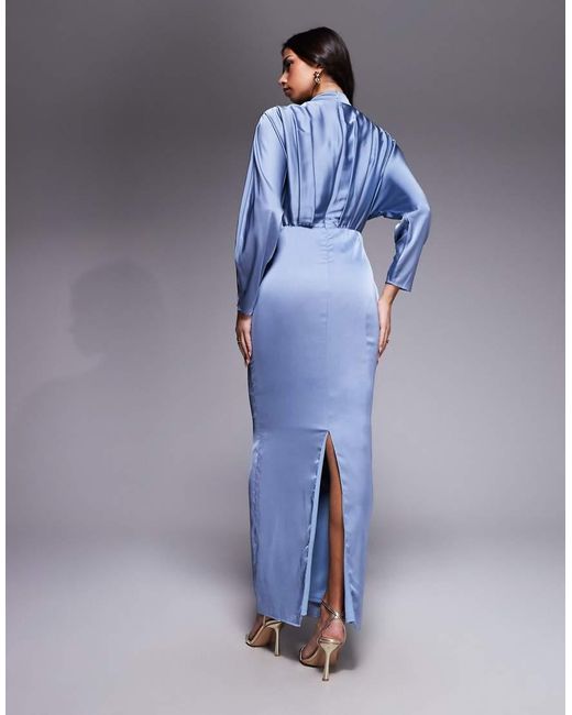 TFNC London Blue Satin High Neck Tuck Detail Maxi Dress