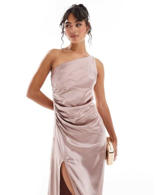 Pretty Lavish Pink Bridesmaid Amelia One Shoulder Ruched Satin Maxi Dress