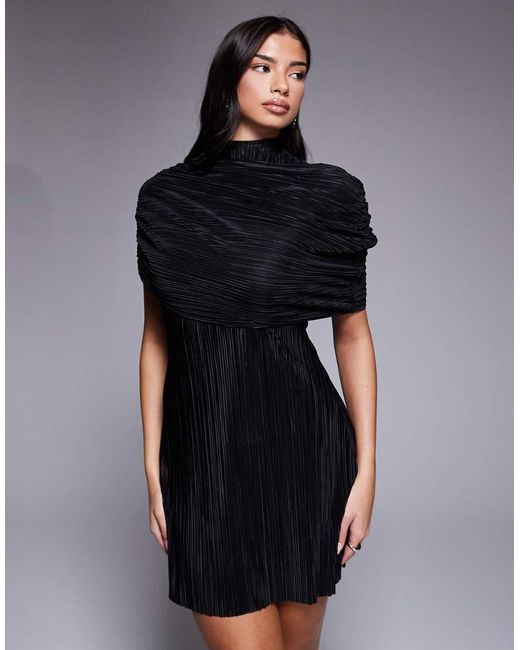 ASOS Blue Plisse Cape Detail Mini Dress With Grown On Neck