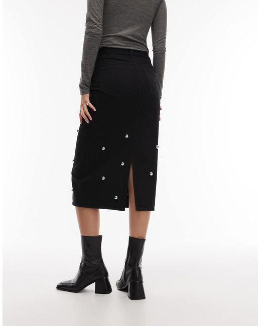 ARKET Black Studded Denim Midi Skirt