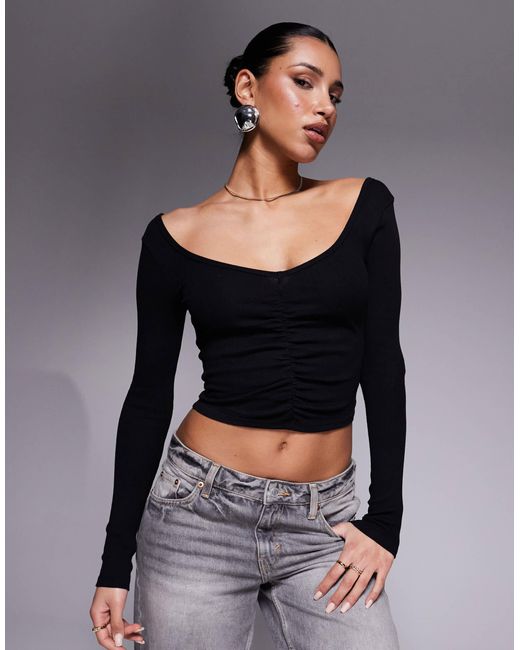 ASOS Ruched V Front And Back Crop Top in Black | Lyst