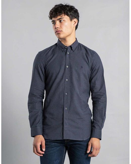 French Connection Blue Cotton Long Sleeve Gingham Shirt for men