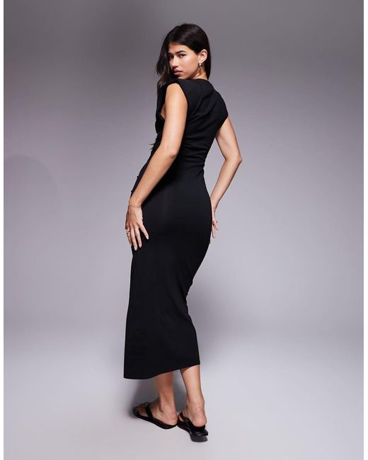 ASOS Black Shoulder Pad Ruched Detail Midi Dress