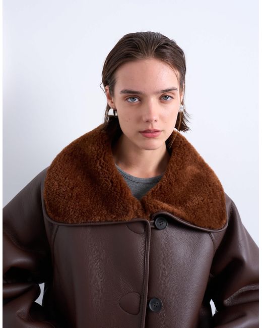 TOPSHOP White Shearling Oversized Reversible Coat With Button Loop