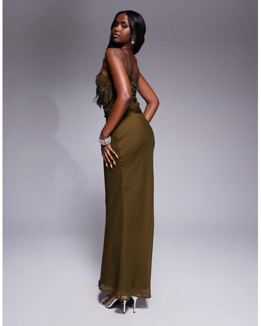 Robe longue et ornementée à bretelles fines avec corsage drapé et jupe coupée en biais - kaki ASOS en coloris Brown