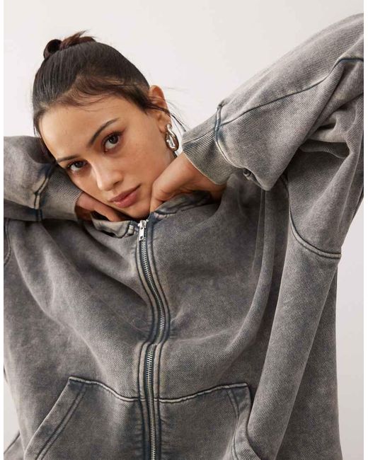 Weekday Oversized Hoodie Van Co-Ord Set Met Ritssluiting En Acid Wash in het Gray
