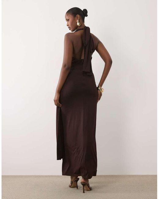 TFNC London Brown Slinky Halterneck Plunge Maxi Dress
