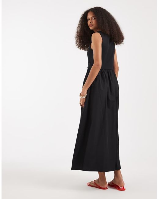 Vero Moda Black Sleeveless Midi Dress With Woven Skirt