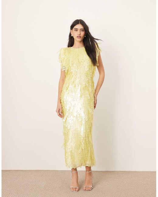 ARRANGE Embellished Geo Sequin Shoulder Pad Midi Dress in Yellow | Lyst UK