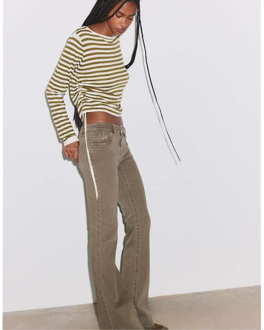 Stradivarius Natural Embroidered Pocket Bell Bottom Jeans