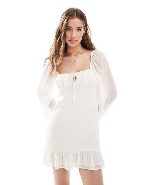 Pull&Bear White Long Sleeve Ruffle Mini Dress