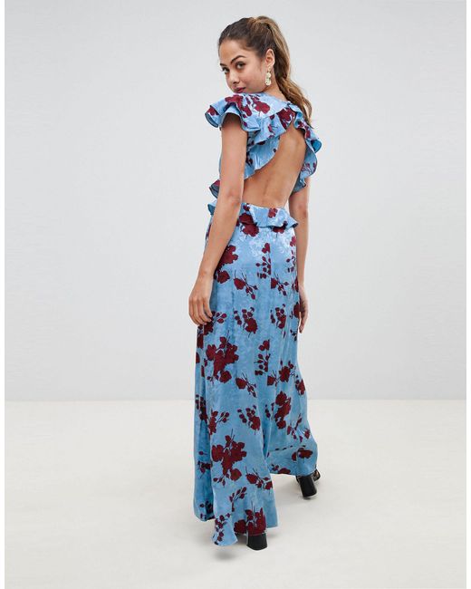 ASOS Blue Floral Print Satin Jacquard Maxi Dress With Open Back