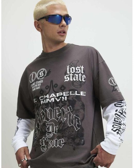 River Island Gray Oversized Fit Cotton Cherub T-Shirt for men