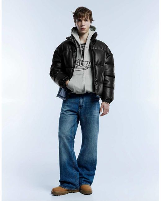 Pull&Bear Gray Padded Leather Effect Jacket for men