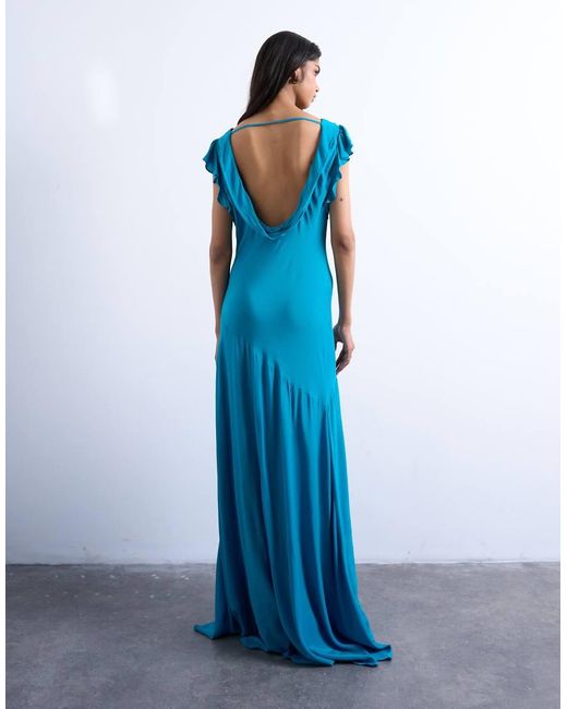TOPSHOP Blue Cowl Back Flutter Sleeve Maxi Dress