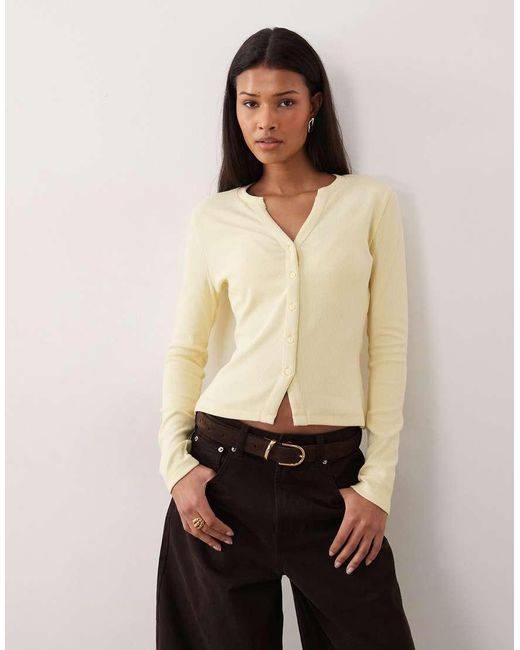 Threadbare Natural Long Sleeve Button Through Ribbed Top