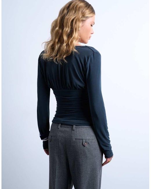 TOPSHOP Gerimpelde Top Van Cupro Met Lange Mouwen En Lage Ronde Hals in het Blue