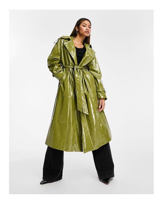 Jayley Green Faux Leather Oversized Trenchcoat