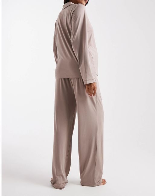 Loungeable Natural Maternity Super Soft Jersey Revere Top And Wide Leg Pyjama Set With Piping Detail