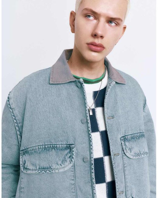 Pull&Bear Blue Denim Jacket With Contrast Collar for men