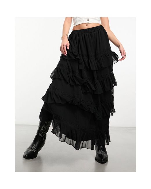 Miss Selfridge Black Chiffon Ruffle Lace Insert Maxi Skirt