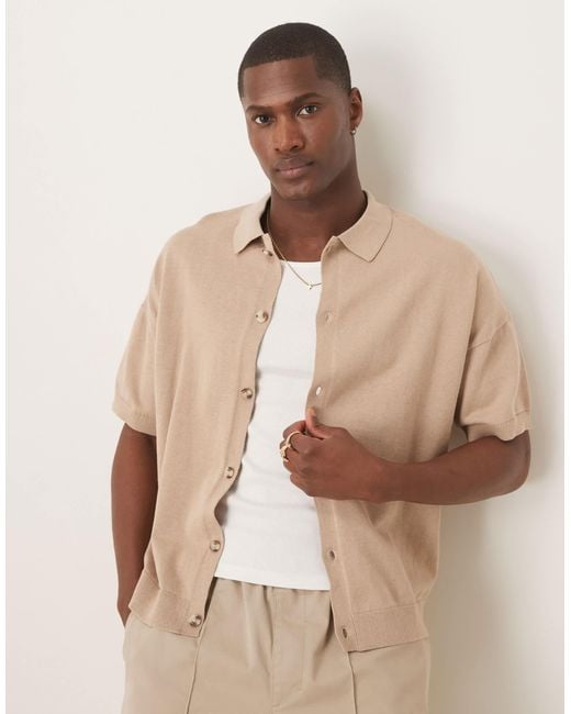 ASOS Natural Relaxed Lightweight Knitted Cotton Button Through Polo for men