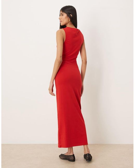 ASOS Red Ruched Side Midi Dress With Slash Neck