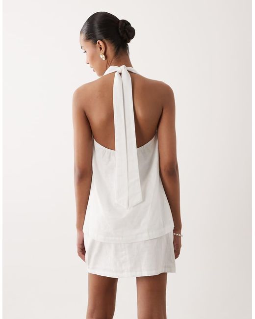 SNDY'S White Cotton & Linen Blend Halterneck Button Through Longline Sleeveless Top Co-ord