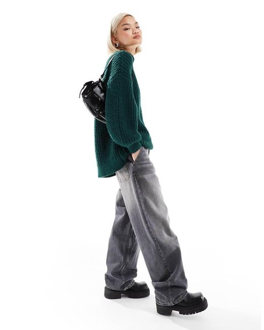 Monki Green High Neck Chunky Rib Knitted Jumper With Volume Sleeve