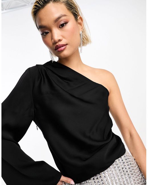 & Other Stories Black One Shoulder Top With Draped Tie Neck And Fluted Sleeve