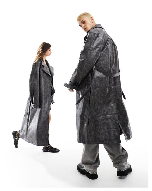 Reclaimed (vintage) Black Unisex Limited Edition Washed Leather Look Trench Coat With D Ring Detail