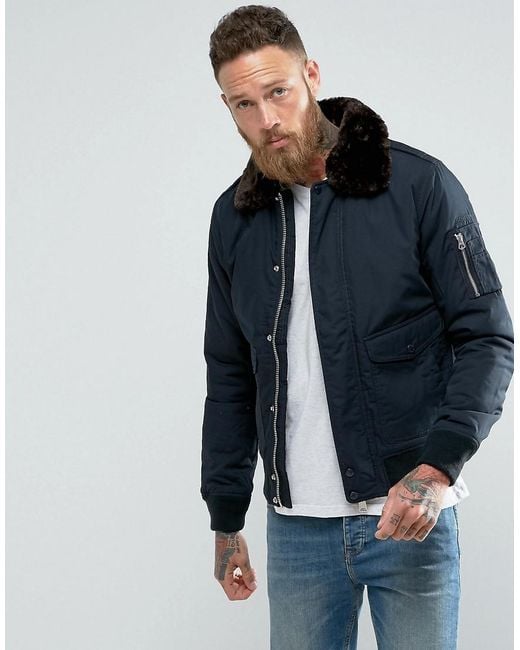 Schott Nyc Blue Air Bomber Jacket Detachable Faux Fur Collar Slim Fit In Navy/brown for men