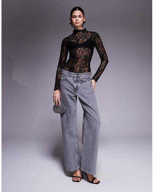 GOOD AMERICAN Gray Lace Mock Neck Bodysuit