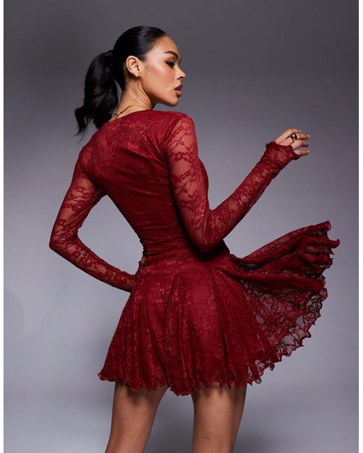 Murci Square Neck Long Sleeve Gathered Ruffle Hem Lace Mini Dress