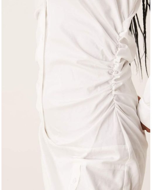 ASOS Natural Cotton Ruched Waist Shirt Mini Dress With Flared Sleeve