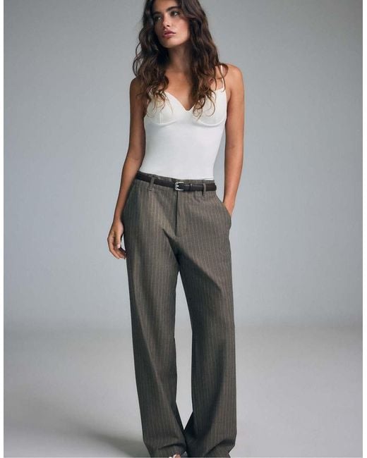 Stradivarius Gray Flowing Striped Straight-leg Trousers