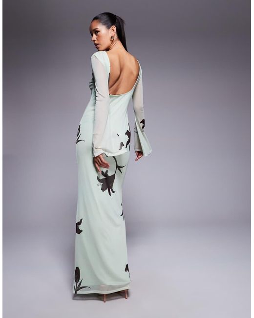 ASOS Gray Low Back Floral Mesh Maxi Dress With Angel Sleeves