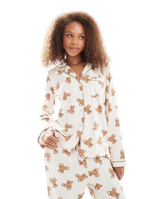 Loungeable White Super Soft Jersey Revere Top And Wide Leg Pyjama Set With Piping Detail