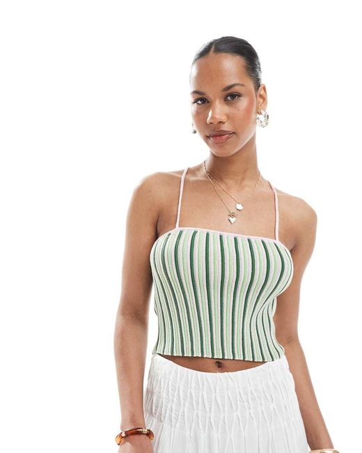 Pieces Green Textured Knit Cropped Top With Cami Straps