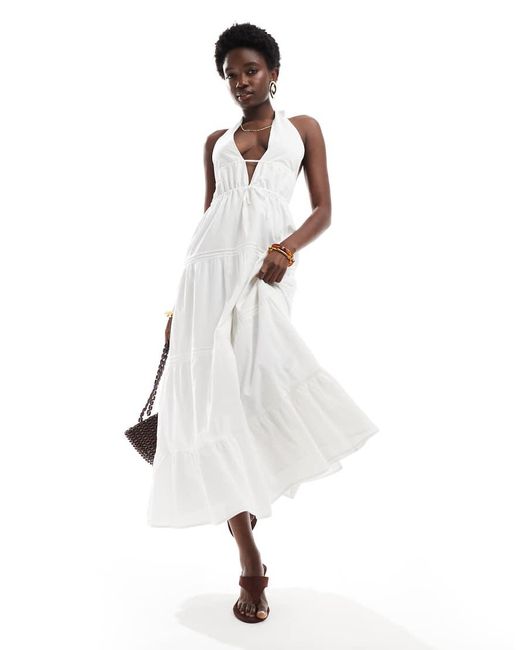 Bershka White Halterneck Tiered Maxi Dress