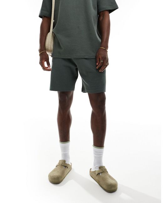 Pull&Bear Green Waffle Textured Short Co-ord for men