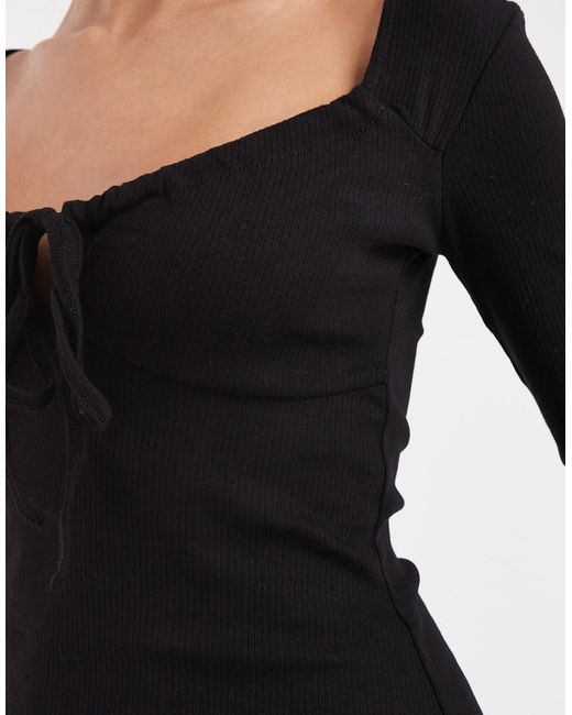 Brave Soul Black Long Sleeve Jersey Mini Dress With Tie Front Detail
