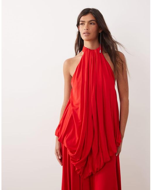 ARRANGE Red Blouson Bodice Low Back Halter Maxi Dress