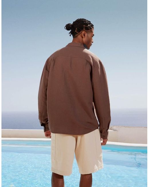 Topman Regular-Fit Overhemd Van Linnenmix Met Lange Mouwen in het Brown voor heren