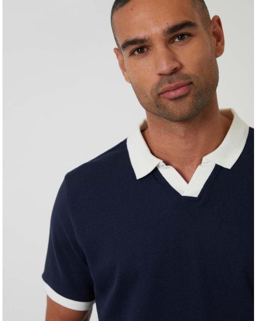 Threadbare Blue Trophy Neck Waffle Polo Shirt for men