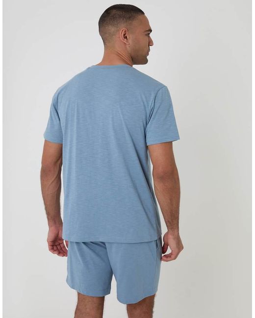 Threadbare Blue Cotton Grandad Pyjama Top & Shorts for men